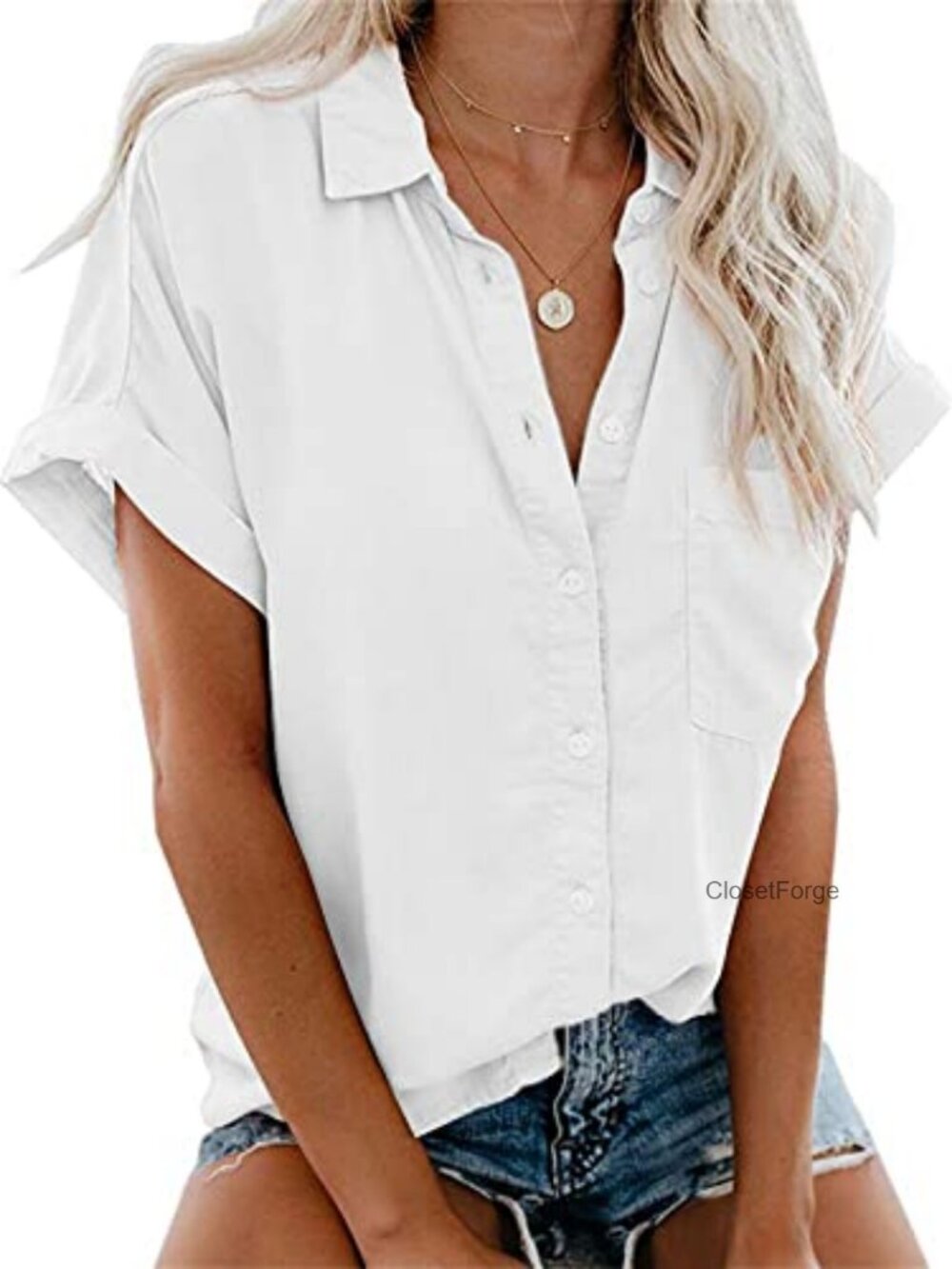 100% Cotton Women's Short Sleeve Button Down Blouse Casual Loose Fit V-Neck